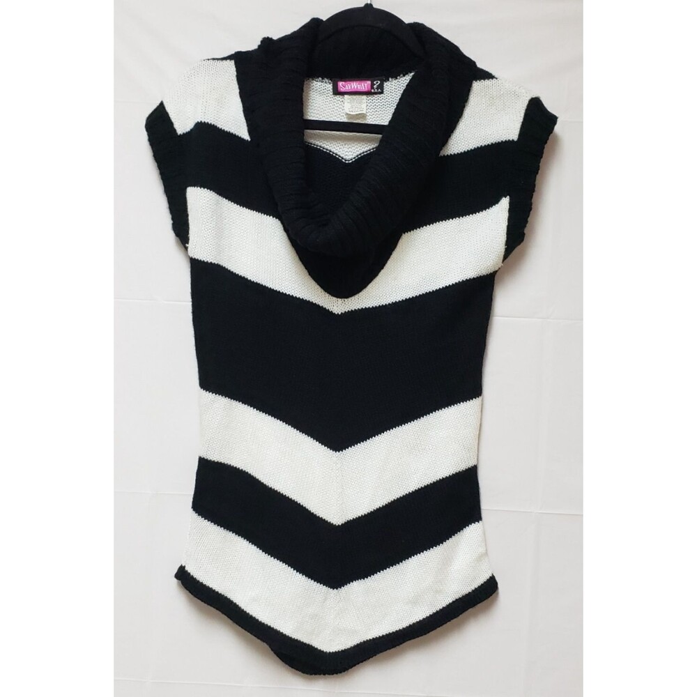Say What USA Women’s Black & White Knitted Cowl Neck Short Sleeve Top M PO Good